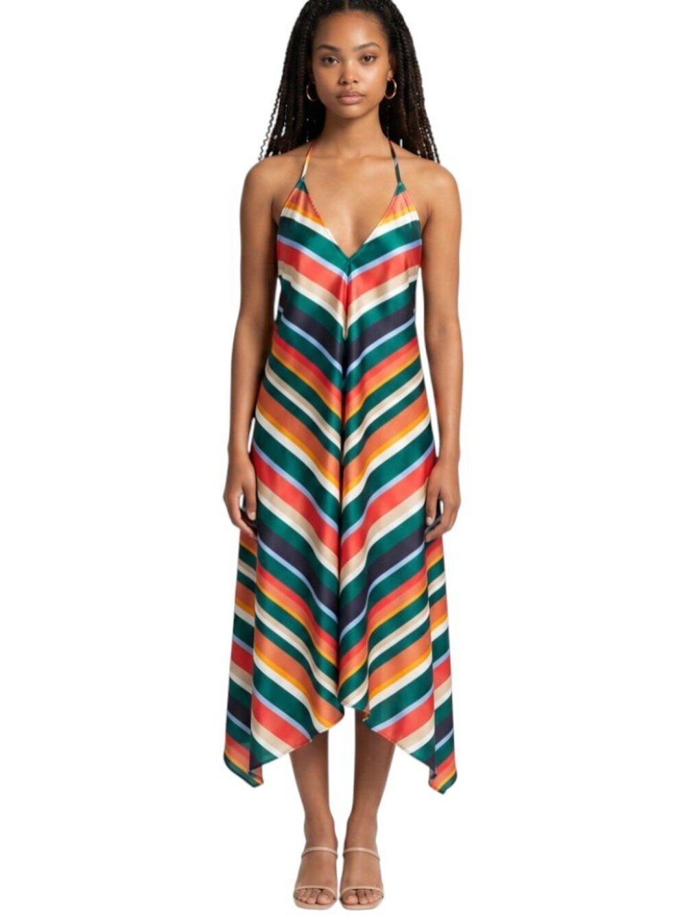 Lulus Malia Emerald Green Striped Halter Midi Dress Handkerchief Hem Size S